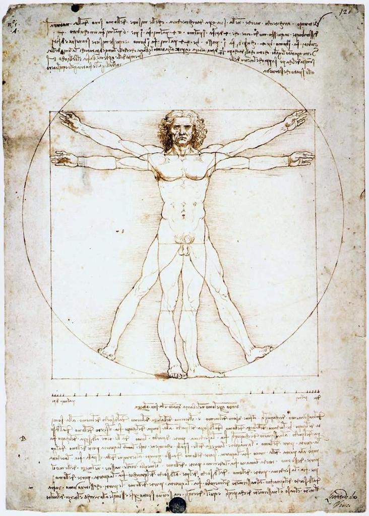 da Vinci's Vitrvuian Man. Human figure with arms and legs outstretched showing the ratios of the perfect form.